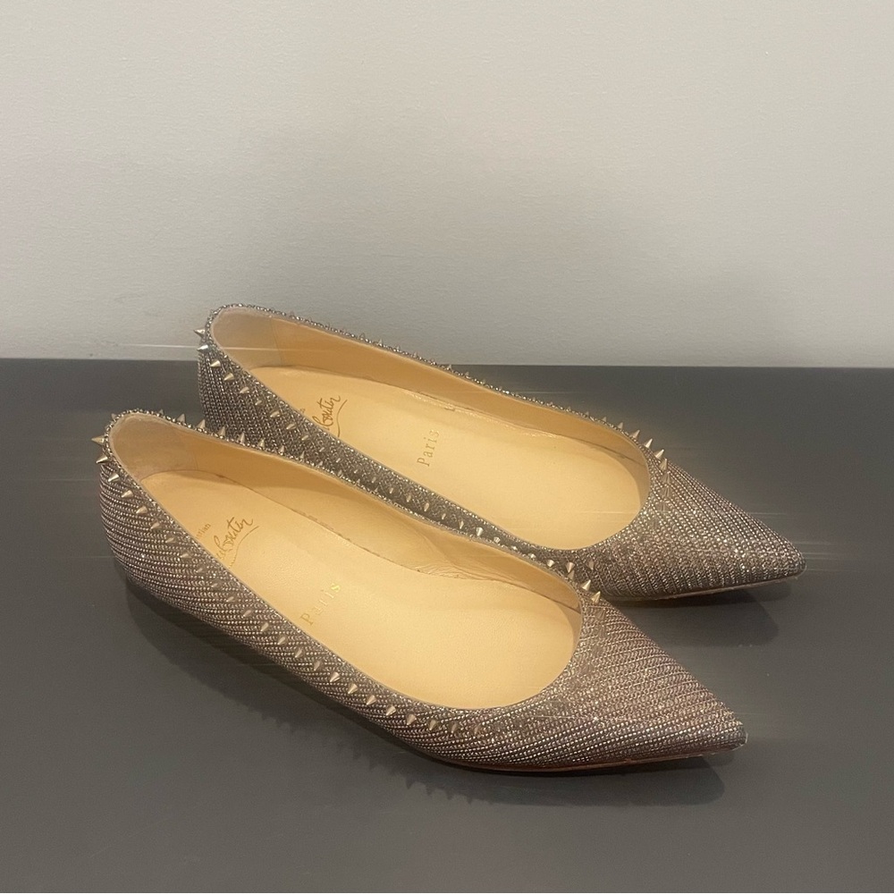 Christian Louboutin Silver Metallic Studded Pointed-Toe Flats